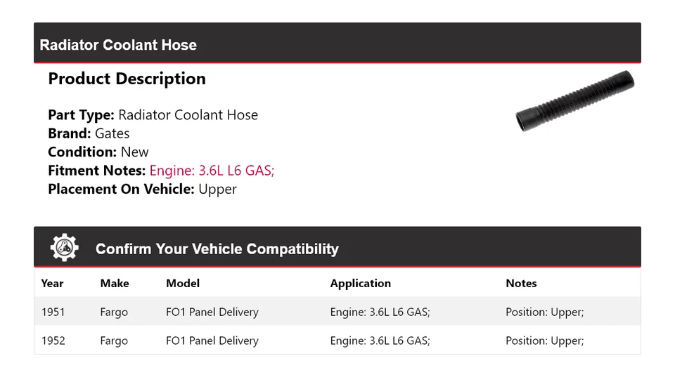 Manguera de refrigerante de radiador de entrega de panel Fargo FO1 1951-1952 puertas superiores Foto 2 de 4