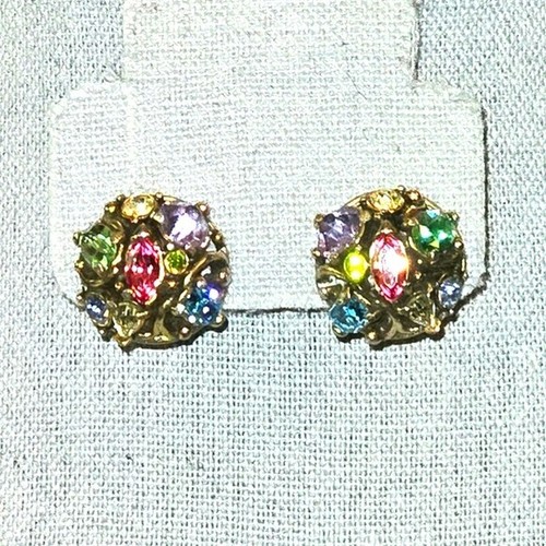 Hollycraft Signed VTG 1953 Multicolored Pastel Rhinestone Screw Back Earrings