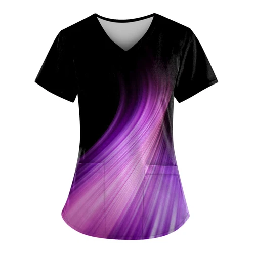 Plus Size Print Working Uniform Tops Women V-Neck Short Sleeve Workwear Pockets - Picture 43 of 69