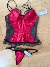 Jezebel Red Black Lace SET, Corset Bustier Sz 34b, V-String Thong Panties Sz S