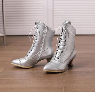 Women's Pointed Toe Lace Up Ankle Boots Chunky Heel Zip Chelsea Shoes 46/47/48