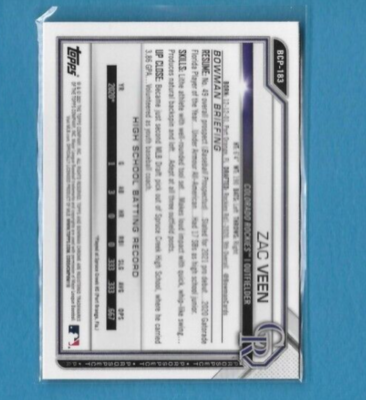 2021 Bowman Chrome Zac Veen Prospect Sapphire Edition, Colorado