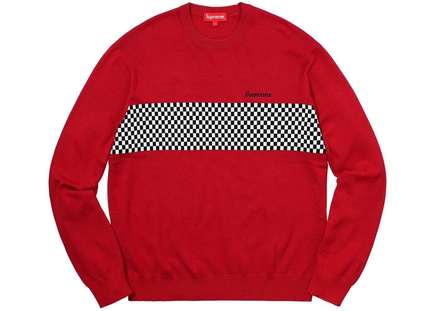 SUPREME Checkered Panel Crewneck Sweater M RED RUNNING LTD ED