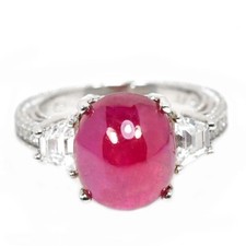 925 STERLING SILVER BLOOD RED RUBY OVAL CABACHON GEMSTONE  WHITE CZ RING 8.5