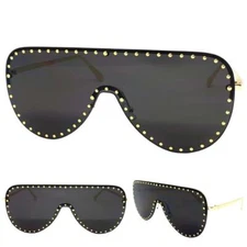 Oversize Exaggerated Classy Elegant Shield SUNGLASSES Large Gold Frame Dark Lens