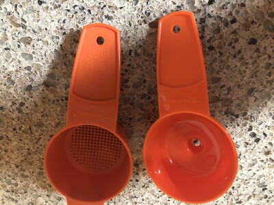 2 Vintage Tupperware Orange Gadgets - Strainer/Sifter #879 & Small Funnel #877