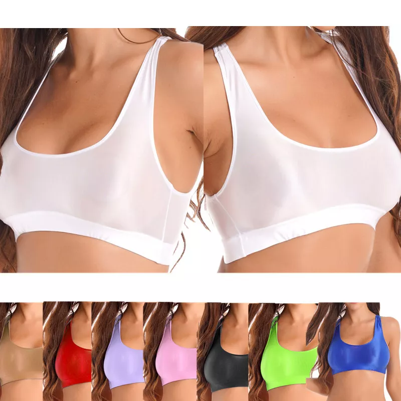 US Women's Oil Shiny Semi Transparent Bra Workout Sport Bras Racerback Crop  Tops