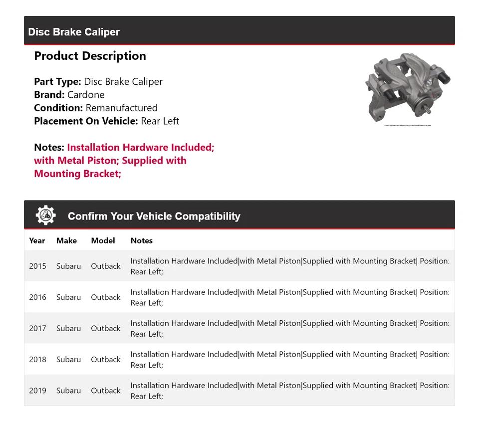 Pinza de freno de disco trasera izquierda Cardone 2016 2017 2018 para Subaru Outback 2015-2019 Foto 2 de 4