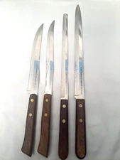 Ekco Flint Stainless Vanadium Knives Set of 4 Made In USA Vintage Wood Handles