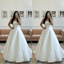 Strapless Wedding Dress Lace Applique White Ivory Satin Sweep Train Bridal Gowns