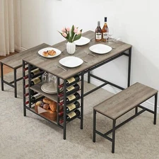 Dining Table Set for 4 ,Kitchen Table with 2 Benches & Wine Rack for Small Space