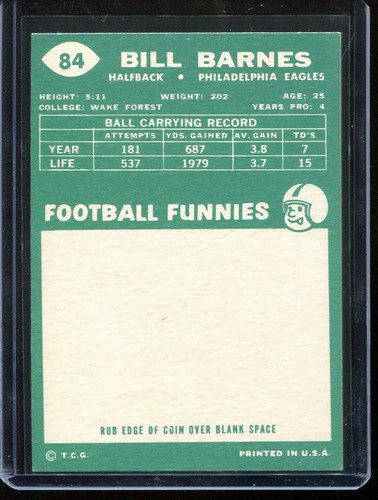 1960 Topps Football # 84 Bill Barnes NM+ Near Mint Plus - Picture 2 of 2