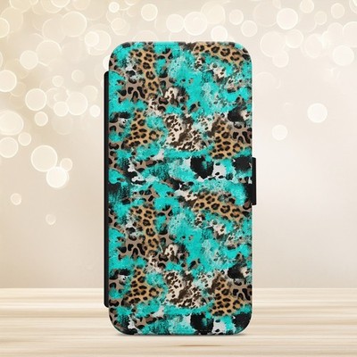 Handyhülle Leopardenmuster Aqua Blau iPhone Samsung Google Pixel Flip Wallet