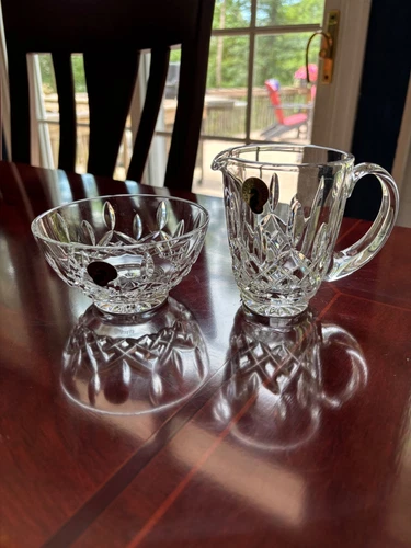 VINTAGE WATERFORD IRISH CUT CRYSTAL LISMORE OPEN SUGAR BOWL AND CREAMER SIGNED