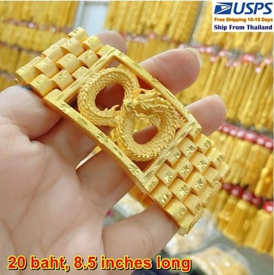 D8 Carved Dragon Bracelet 24k Gold Plated Men Jewelry Gem Weight 20 Baht 8.5''