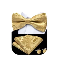 Mens Gold Pre Tied Bow Tie Set Paisley Floral Bowtie for Men Pocket Square Cu...