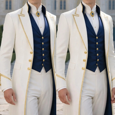 British Men's Suit Formal Wedding Groom Tuxedo Evening Party Prom Long Coat 3pcs