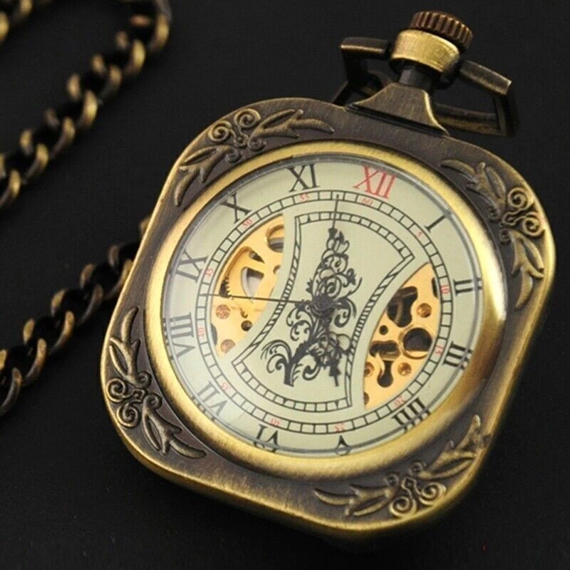 Men Classic Mechanical Pocket Watch Retro Square Roman Numerals Dial Full Hunter - Image 4 of 4