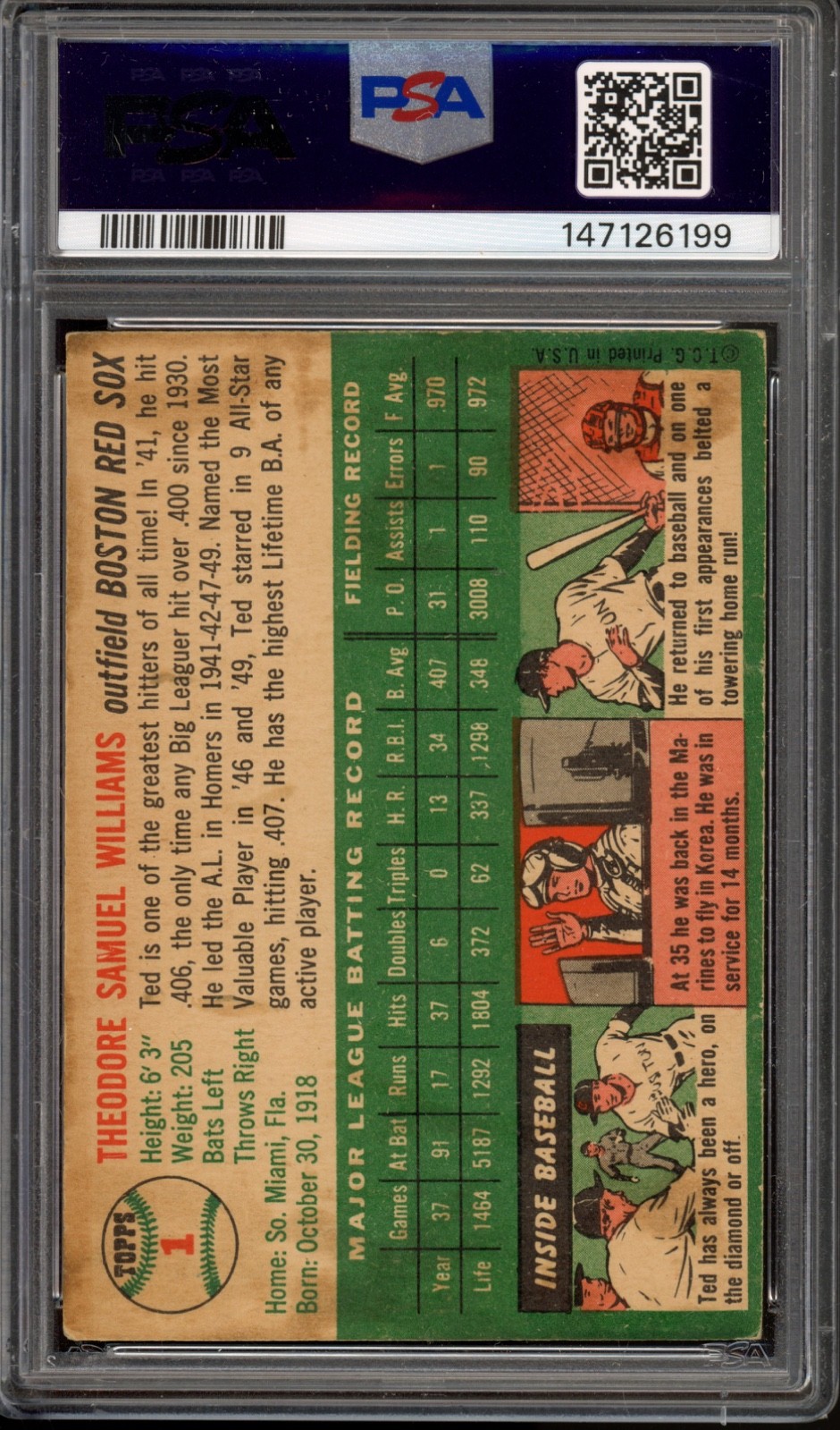 1954 Topps #1 Ted Williams PSA 1 Vintage HOF Baseball Card (6199) view 2