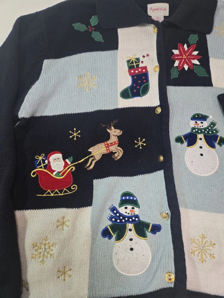 Кристалл Кобе уродливый Рождественский свитер женщин M кардиган олень Санта снеговик - Изображение 3 из 4