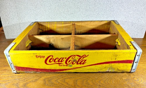 Vintage Coca-Cola Wooden Yellow Coke Crate w/Metal Bands Newport News VA