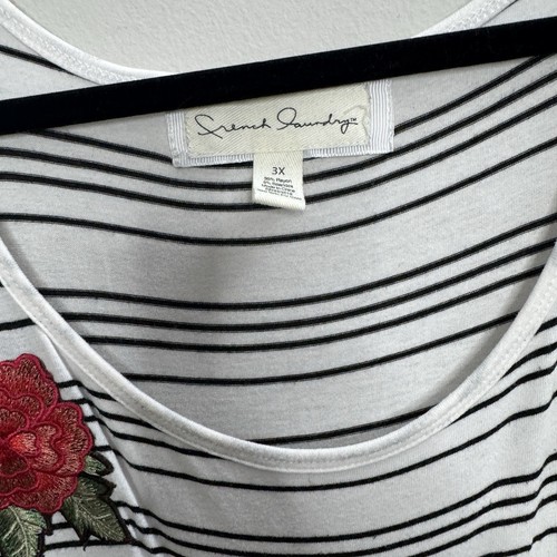 3X Canotta donna FRENCH LAVANDERIA bianca e nera a righe con ricamo floreale - Foto 3 di 8