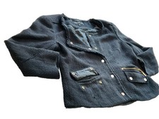 JONES NEW YORK Black Tweed Snap Button Up Blazer Jacket Career Sz 8 Lined Crop