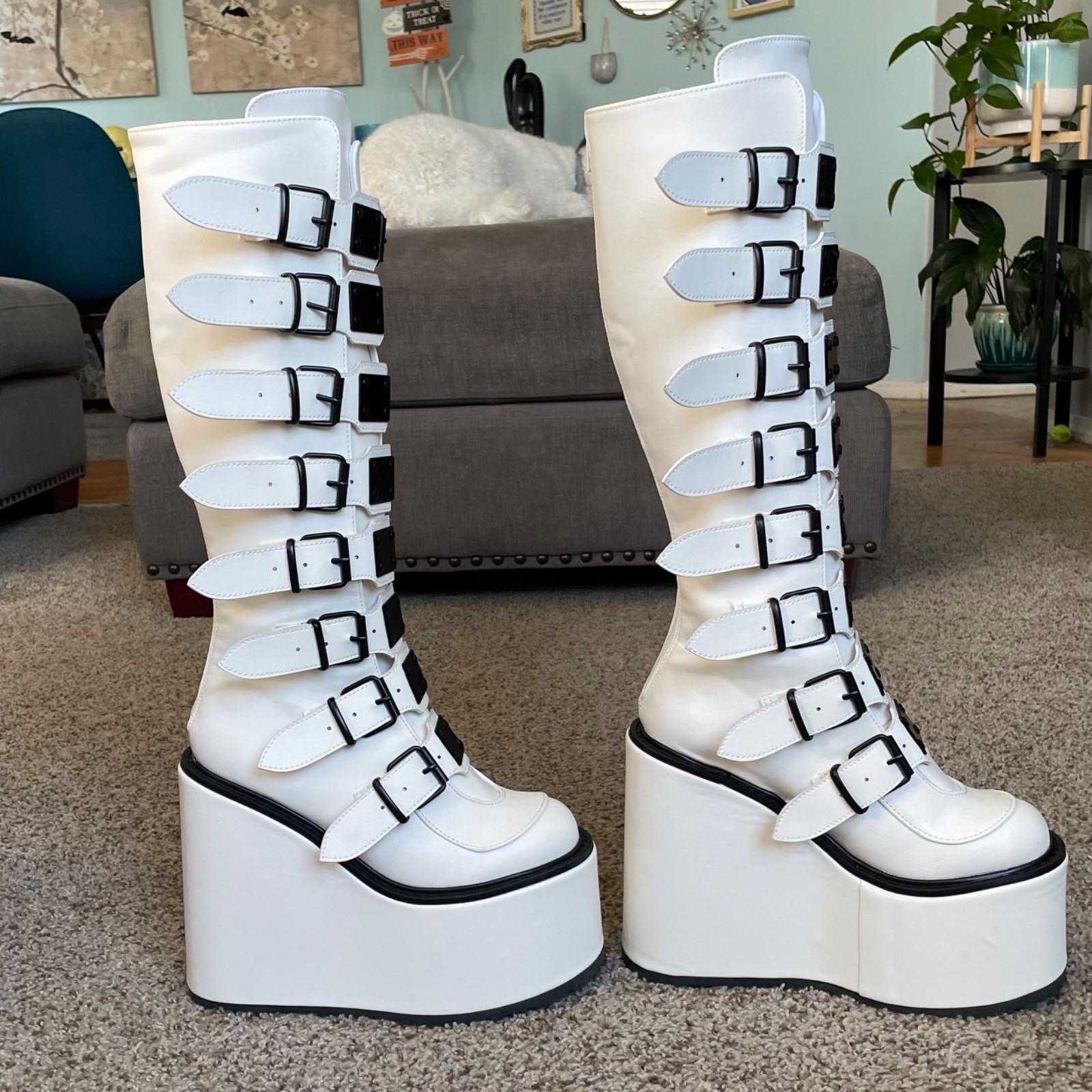 Demonia Swing 815 White Black Buckles Knee High B… - image 6