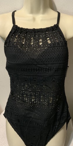 Women's One Piece Swimsuit Sz XLarge By Aqua Green High Neck Crochet (New) Black