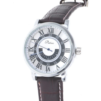 44.7mm Men's Quartz Watch Silver Tone See Through Brown Fashion Leather Band