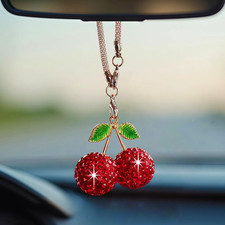 Bling Cherry Car Hanging Ornament, Cute Crystal Rear View Mirror Pendant, Sparkl