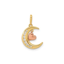 14k Two-Tone Gold Diamond Crescent Moon Pendant Rose Heart Charm Necklace Women