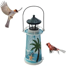 Nautical Style Mesh Lighthouse Bird Feeder W/ Solar Light & Hanging Chain New