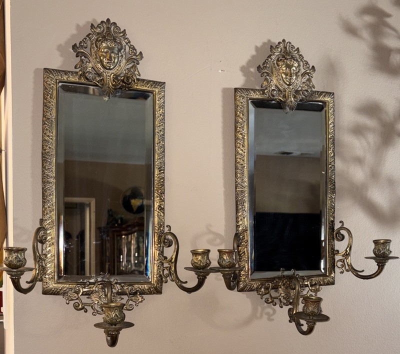 Antique Pair Of 1880s Ornate  Brass Sconces Beveled Mirrors 3 Candleholders Each