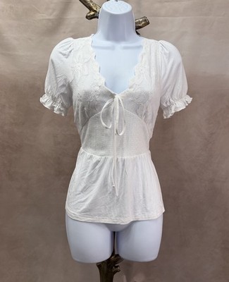Absolutely Creative World Wide White Short Sleeve Lace Peasant Top Size XS