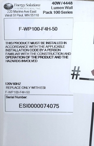 ESI 40W 4,448 Lumen 5000K LED Wall Pack Light Fixture Made in USA F-WP100-F4H-50 - Picture 4 of 6