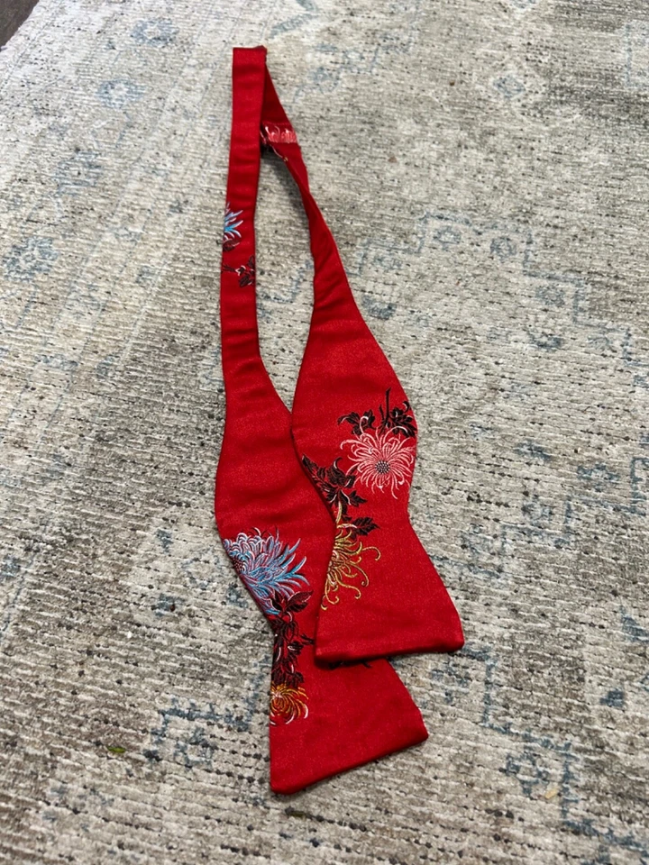 Mimi Fong authentic red black pink embroidered flowers floral silk bow tie - image 2 of 4