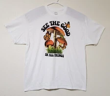 ODM Graphic Art See the Good in all Things XXL White T-Shirt Mushrooms Frogs
