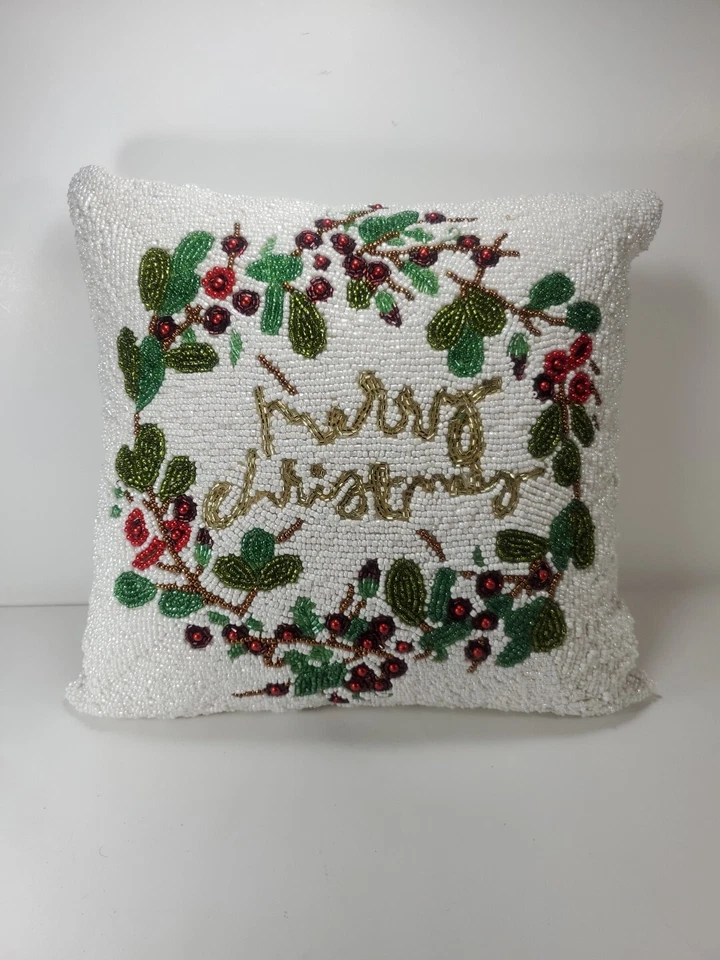 Merry Christmas Holiday Beaded Throw Pillow Holly Berries Square Decor 13" - Imagem 2 de 4