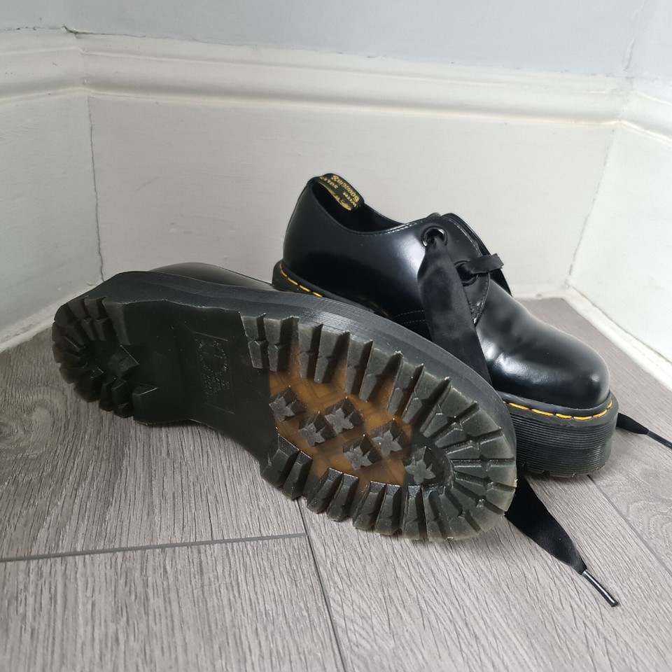 Dr. Martens Holly Black Leather Platform Shoes Quad 2 Eyelet Chunky UK
