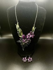 Rhinestone  Enamel Flowers, Leaves And Butterfly Necklace  Floral Earrings Set
