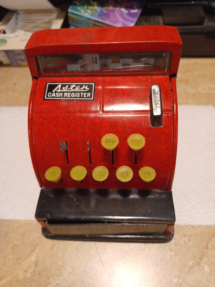 Vintage 1950s Tin Litho Red Asten Cash Register Japan Tin Toy Works!