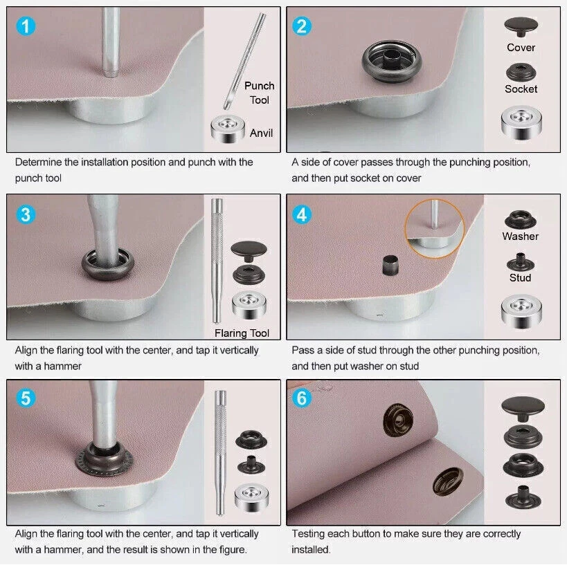 70 Sets 15mm 5/8" Heavy Duty Snap Fasteners Kit Metal Button for Leather Craft, - Image 4 of 4