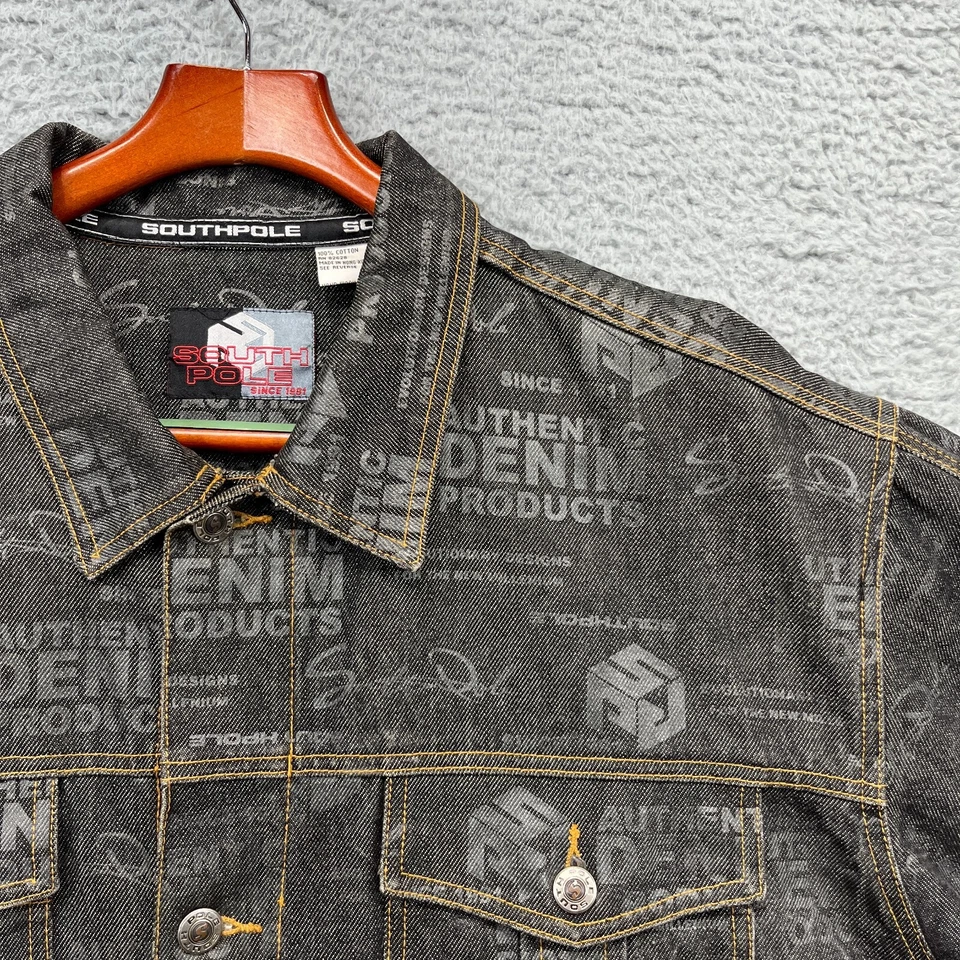 VTG South Pole Denim Jacket Mens XL Black Waxed AOP Graffiti Streetwear Logo - Image 4 of 4