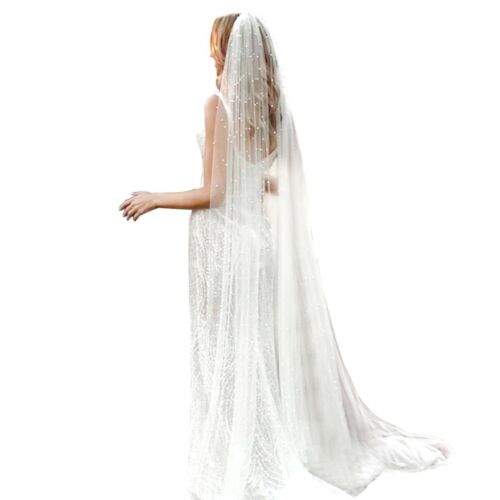 Long Wedding Bride Veil Pearl Chapel Length Veils For Women With Comb white C...