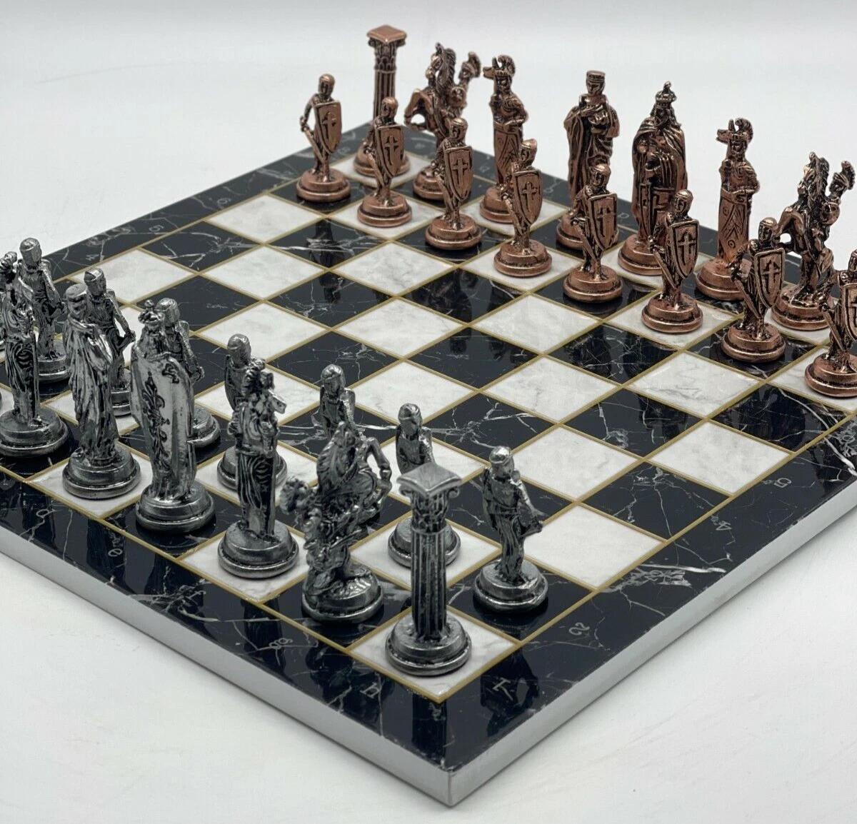 British Metal Chess Pieces With Ceramic Chess Board On Handmade Wood, Chess  Set