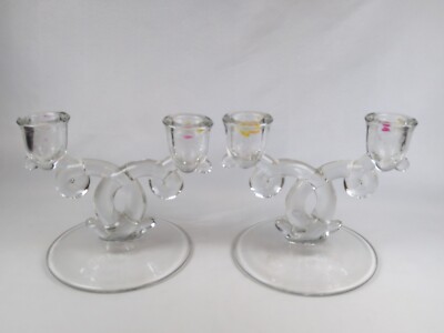 Pair of Heisey Clear Glass Lariat Double Candle Holders