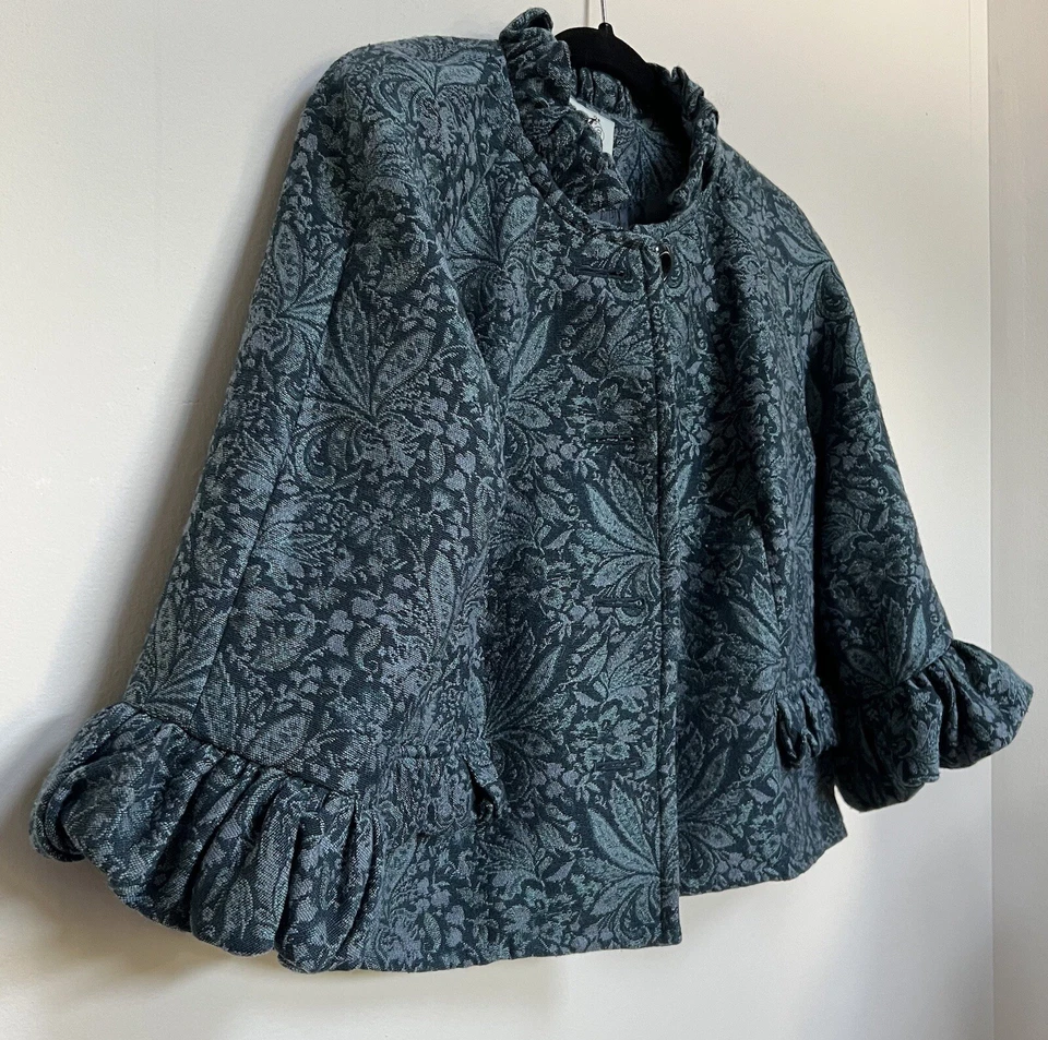 Vtg Brocade Wool Cropped Blazer Ruffled 12P Regency Floral Botanical Victorian - Image 2 of 4