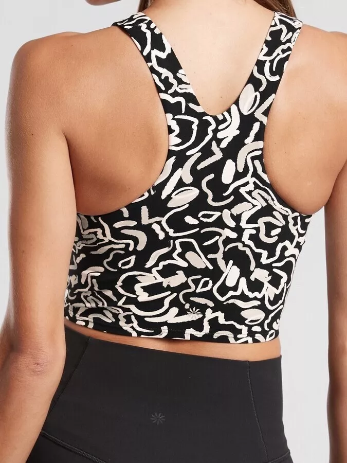 athleta conscious longline crop a-c low impact white print tank-top