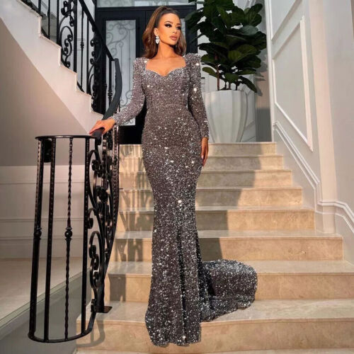 2022 New Elastic Sequins Long Sleeve V-Neck Evening Dress - Picture 1 of 12
